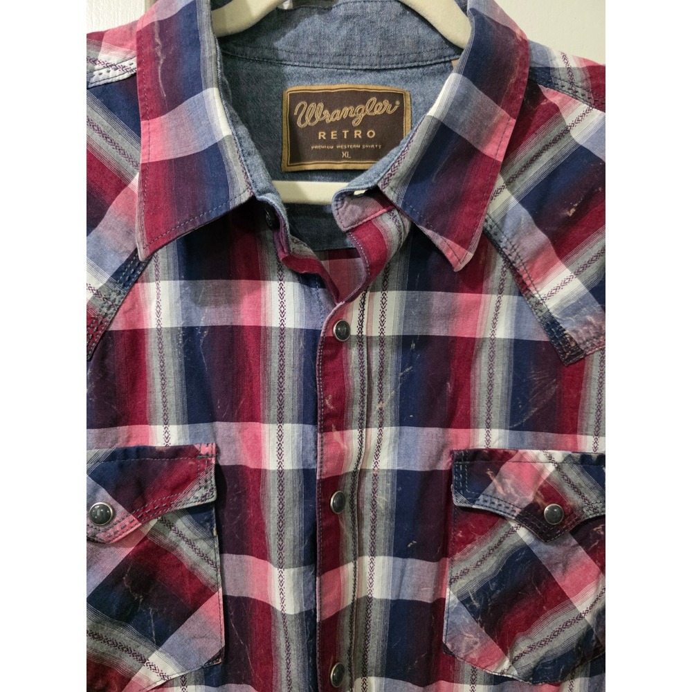 Wrangler Retro Men XL Red Blue Plaid Western Snap Button Down Shirt cowboy rodeo - Picture 4 of 8